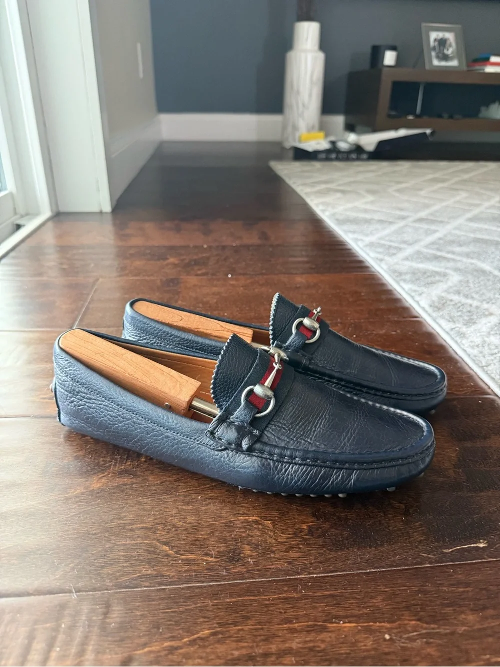 Gucci Navy Leather Horsebit-Detail Loafers